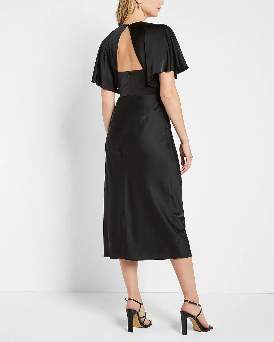 Conscious Edit Satin Crew Neck Open Back Midi Dress in Pitch Black