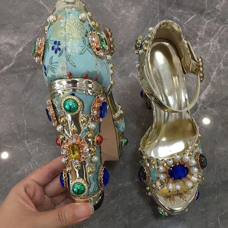 Crystal Embroidery Platform Heels