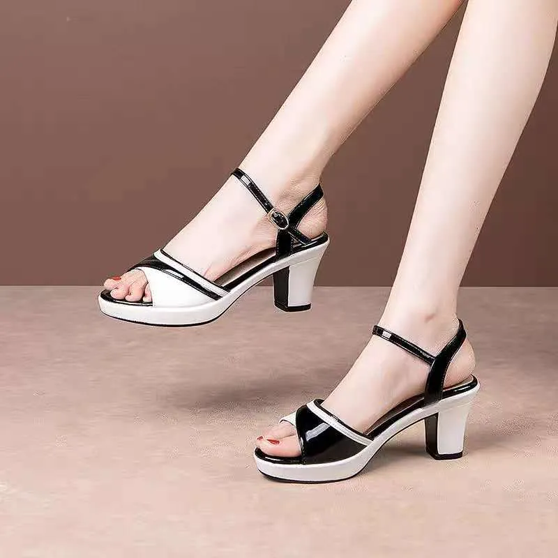 Hnzxzm Summer Shoes Women High Heels Sandals Peep toe Elegant Ladies Square Heel 5cm Casual Woman Shoes Black White A2506