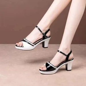 Hnzxzm Summer Shoes Women High Heels Sandals Peep toe Elegant Ladies Square Heel 5cm Casual Woman Shoes Black White A2506
