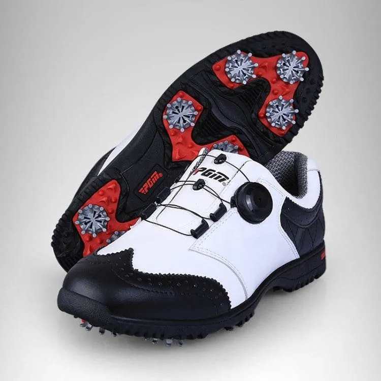 Men's Waterproof Rotating Buckle Golf Sneakers with Leather Upper