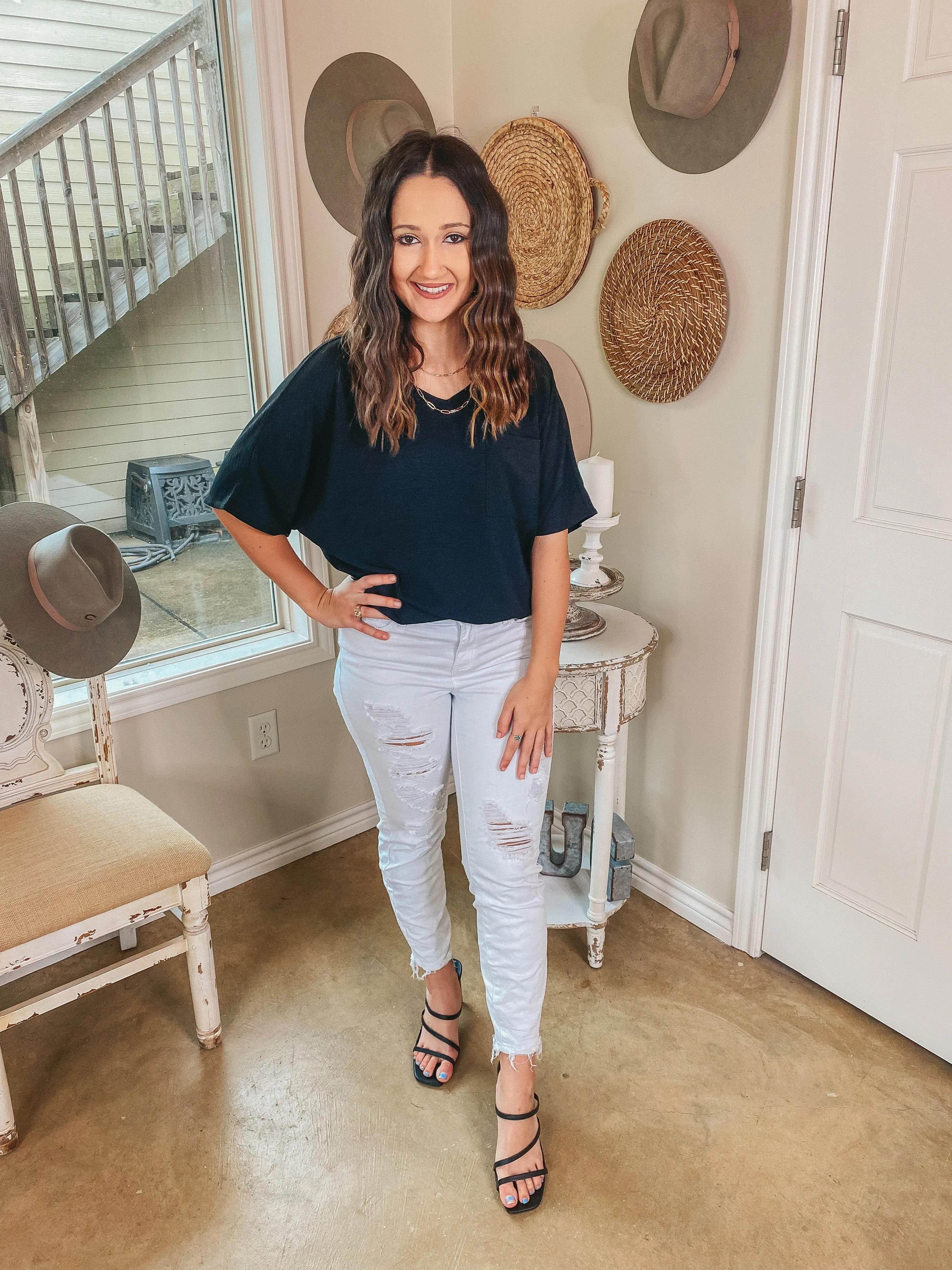 On Record V Neck Short Sleeve Shift Top with Front Pocket in Black