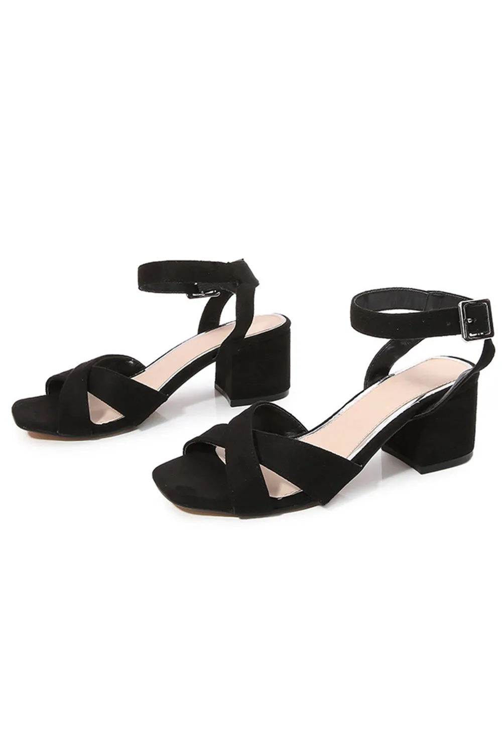 Outdoor Patent Leather Suede Peep Toe Chunky Short Heel Shoes With Buckle