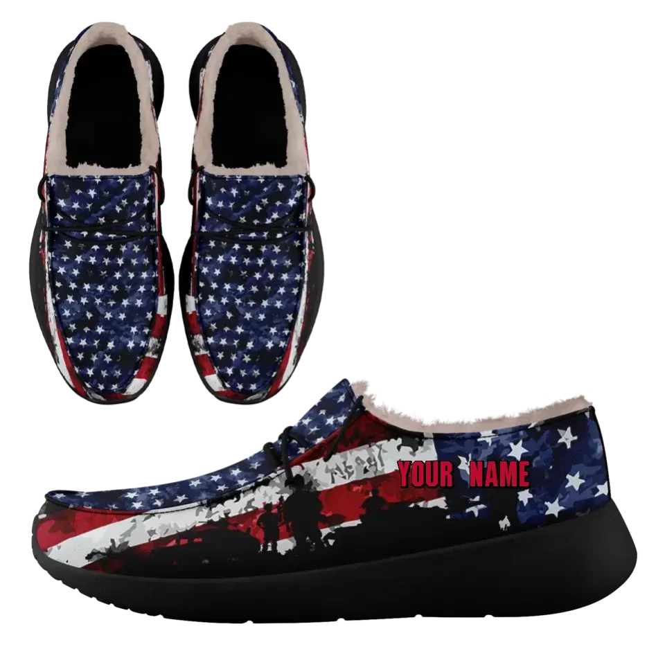 Unique Gift,Personalized USA Flag Sneakers, Custom Stars and Stripes Loafer Shoes, Fur Lining Shoe, Pride in Comfort,FN042-24020304-7b