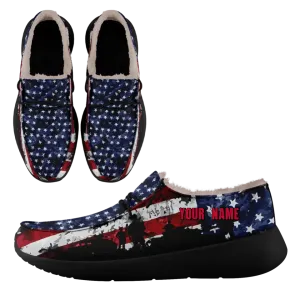 Unique Gift,Personalized USA Flag Sneakers, Custom Stars and Stripes Loafer Shoes, Fur Lining Shoe, Pride in Comfort,FN042-24020304-7b