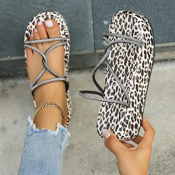 Women's Rhinestone Cross Strap Leopard Print Sole Slippers 21986168S