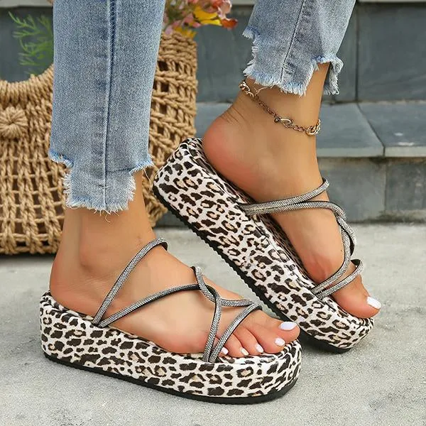 Women's Rhinestone Cross Strap Leopard Print Sole Slippers 21986168S