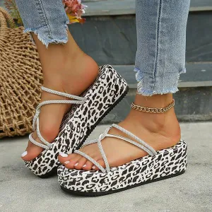 Women's Rhinestone Cross Strap Leopard Print Sole Slippers 21986168S